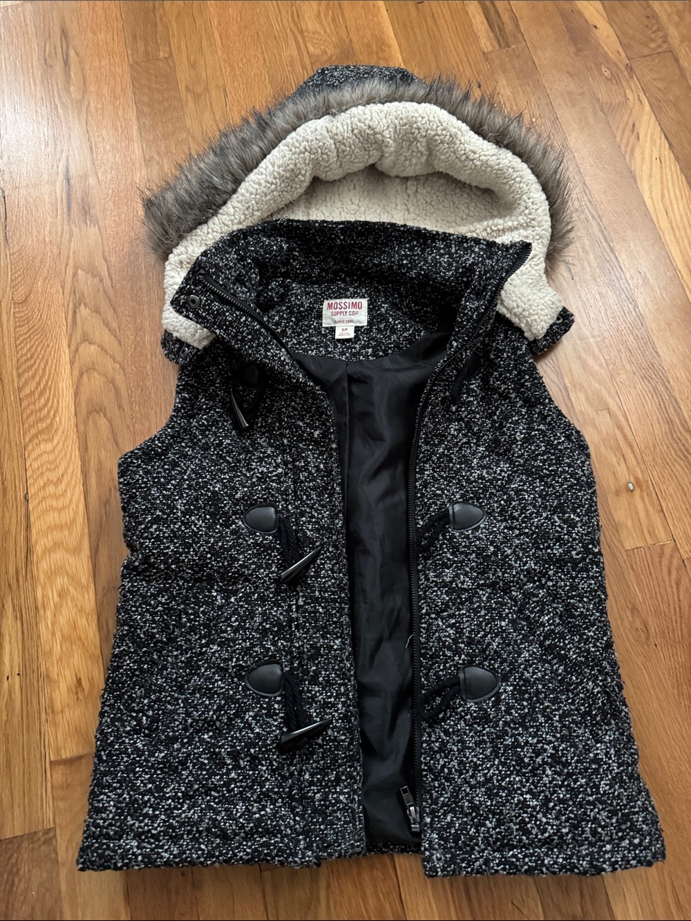 Mossimo Supply Co. Black & Cream Tweed Hooded Vest with Faux Fur Trim